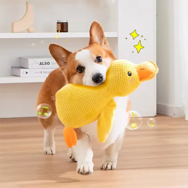 Leuk hondenspeeltje: een stampende eend, bijtbestendig, tandenpoetsend, interactief speelgoed voor grote honden, tegen verveling. Pluche speeltje. 5