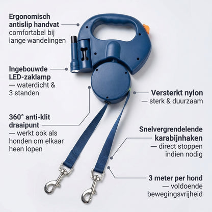 Dubbele Hondenriem | Anti-Klit & LED Verlichting | Voor 2 Honden