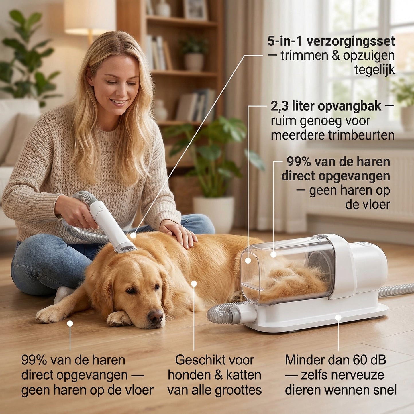 Huisdier Verzorgingsset met Stofzuiger | 5-in-1 | 2,3L Opvangbak | Hond & Kat