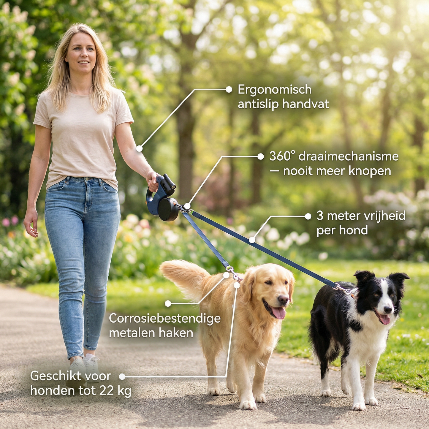 Dubbele Hondenriem | Anti-Klit & LED Verlichting | Voor 2 Honden