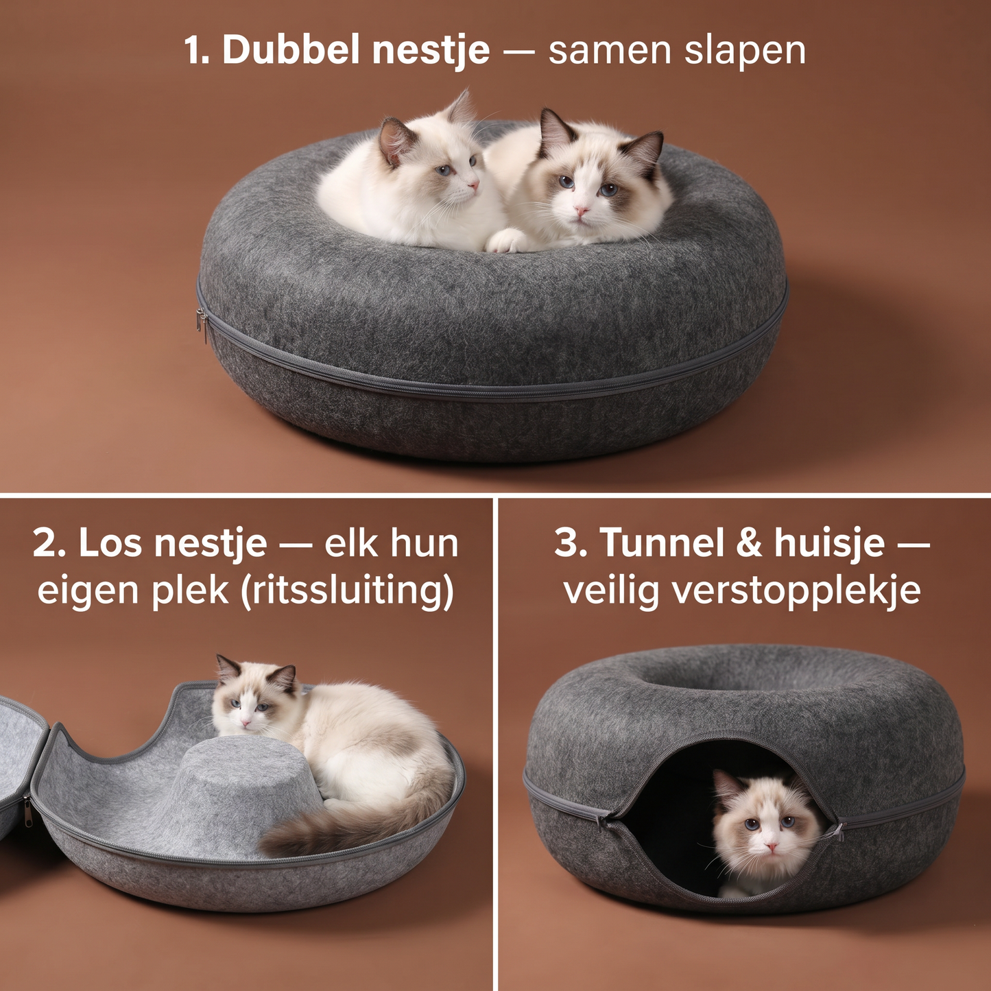 Donut Kattenmand | 2 Katten | Vilt | Tunnel & Huisje