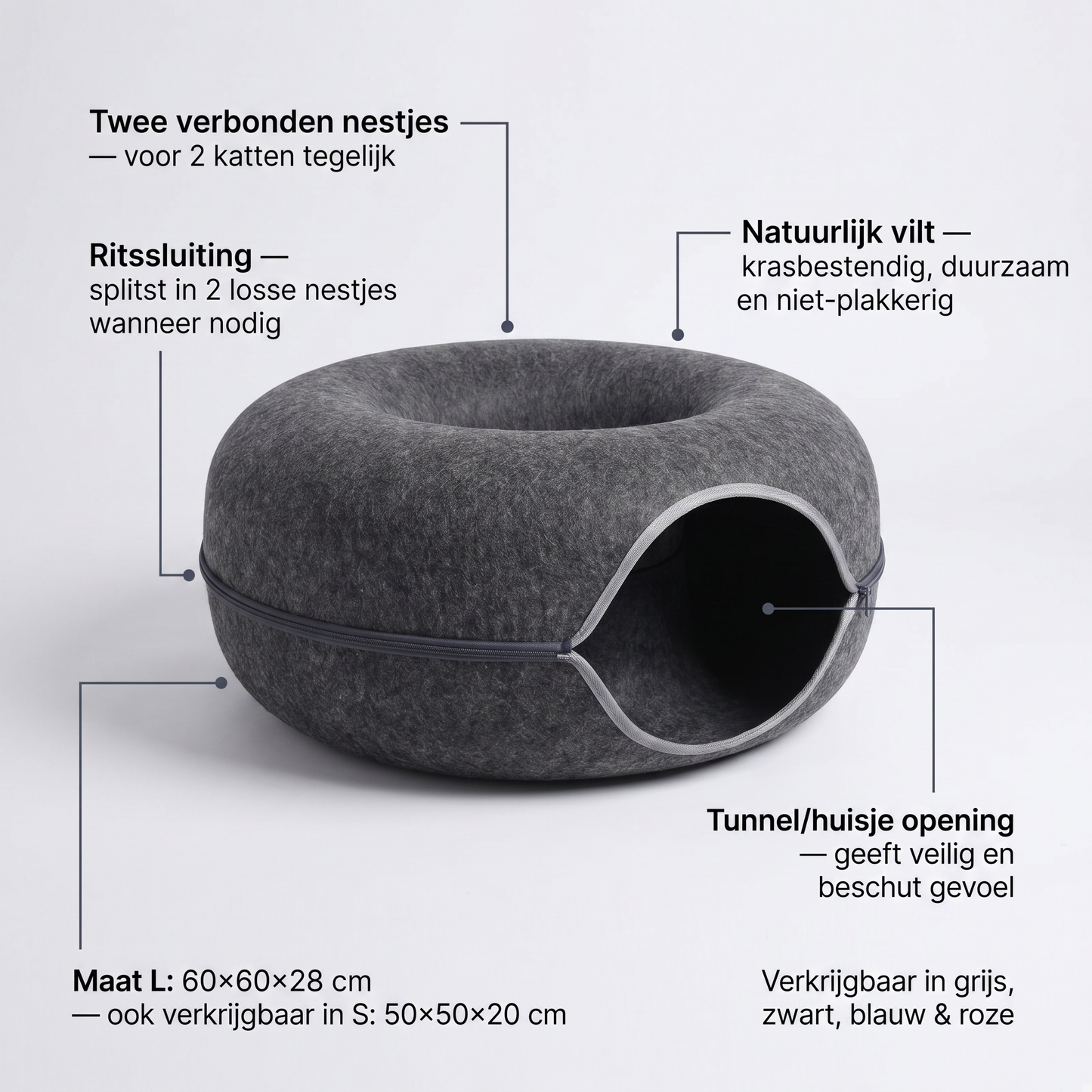 Donut Kattenmand | 2 Katten | Vilt | Tunnel & Huisje