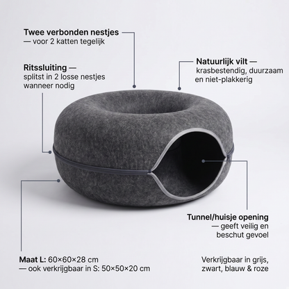 Donut Kattenmand | 2 Katten | Vilt | Tunnel & Huisje