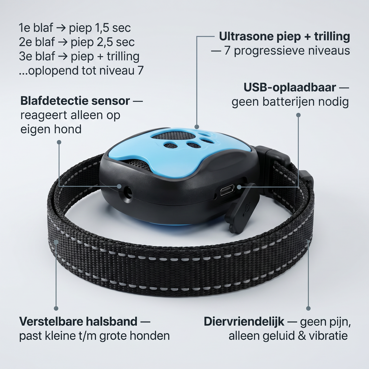 Anti-Blafhalsband Hond | Ultrasoon & Vibratie | USB Oplaadbaar | Zonder Schok
