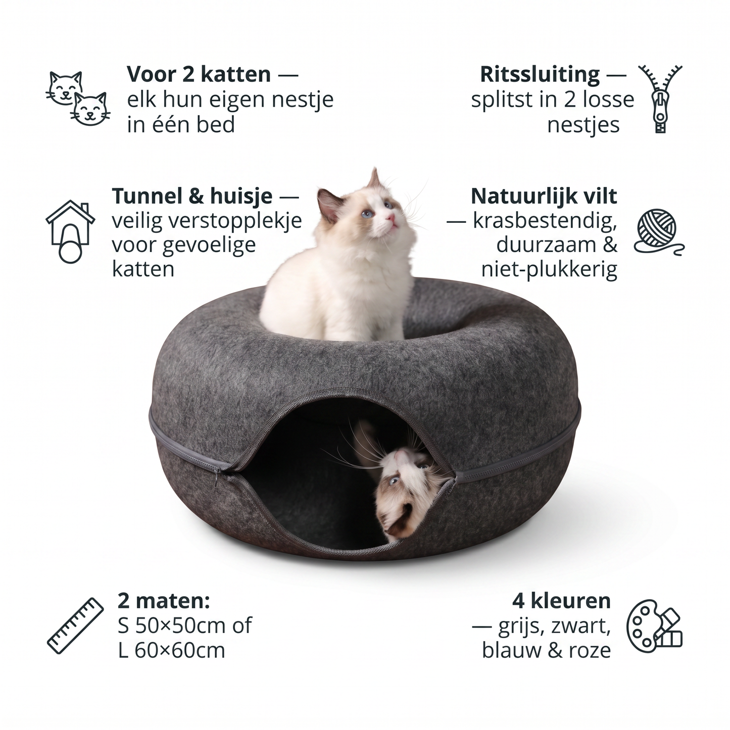 Donut Kattenmand | 2 Katten | Vilt | Tunnel & Huisje