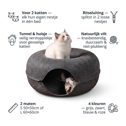 Donut Kattenmand | 2 Katten | Vilt | Tunnel & Huisje