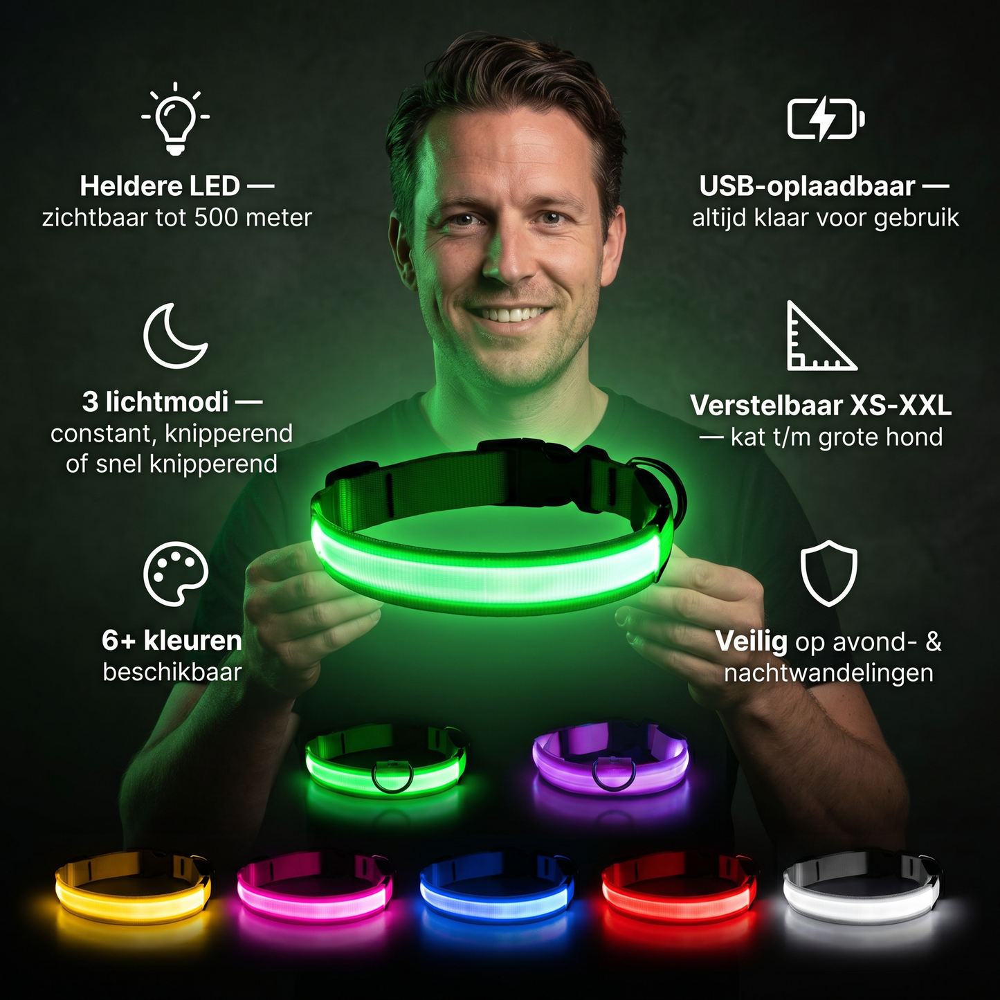 Lichtgevende halsband | USB oplaadbaar | Veilig buiten