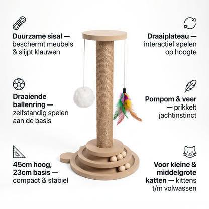 Krabpaal & Draaiplateau | Sisal | 40cm | Pluizige bal & Veer