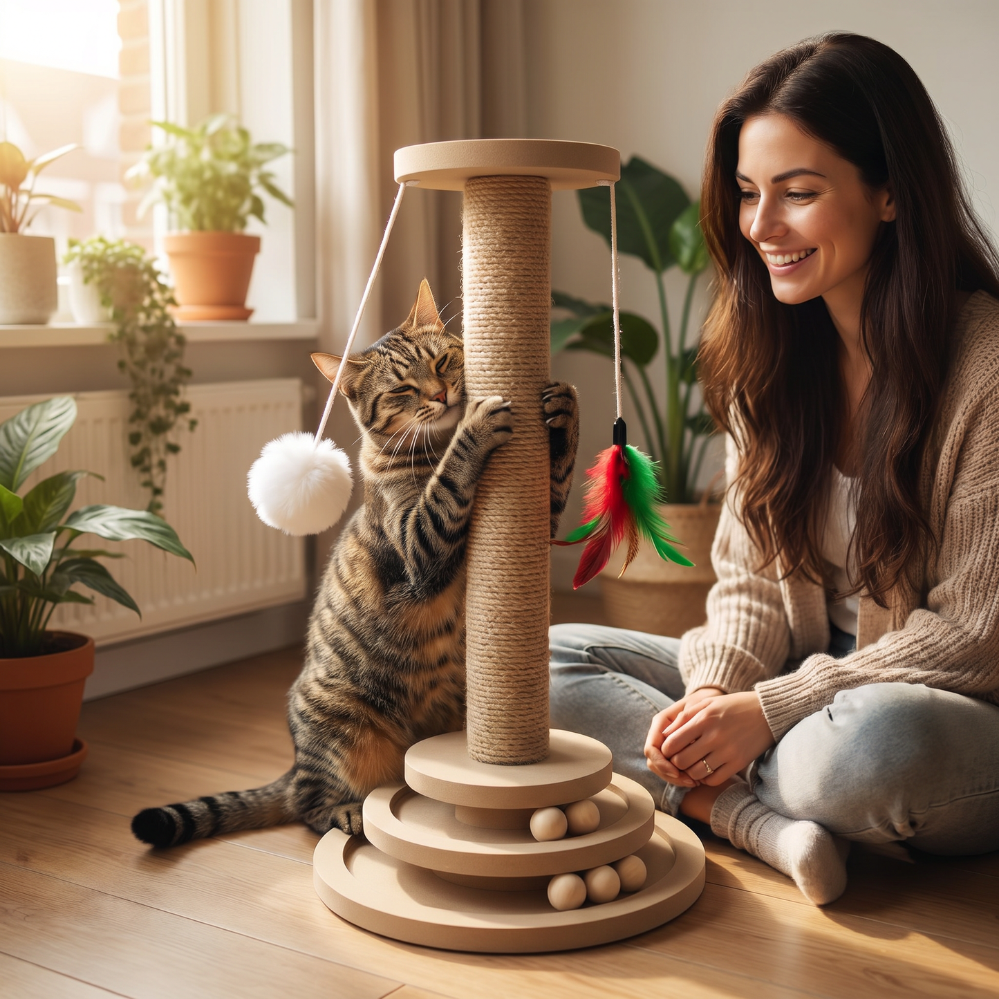 Krabpaal & Draaiplateau | Sisal | 40cm | Pluizige bal & Veer