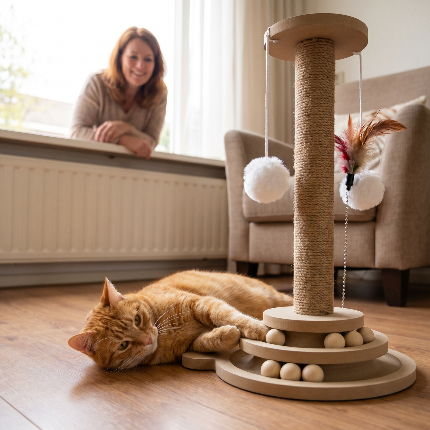 Krabpaal & Draaiplateau | Sisal | 40cm | Pluizige bal & Veer