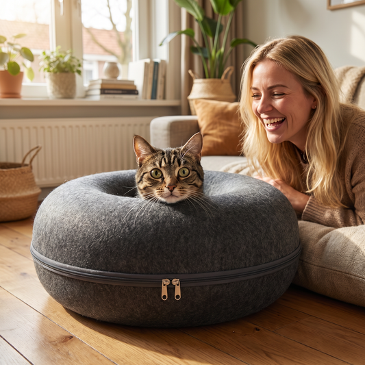 Donut Kattenmand | 2 Katten | Vilt | Tunnel & Huisje