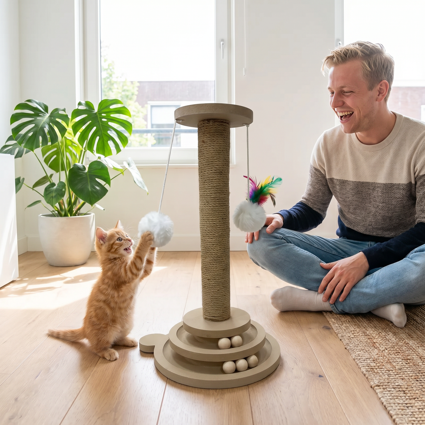 Krabpaal & Draaiplateau | Sisal | 40cm | Pluizige bal & Veer