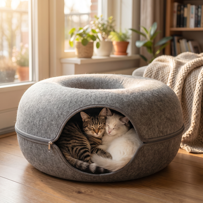 Donut Kattenmand | 2 Katten | Vilt | Tunnel & Huisje